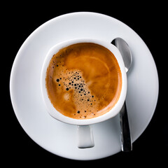 Close-up black coffee espresso in glass cup, top view. Close up shot shows detail of beautiful bubbles on top