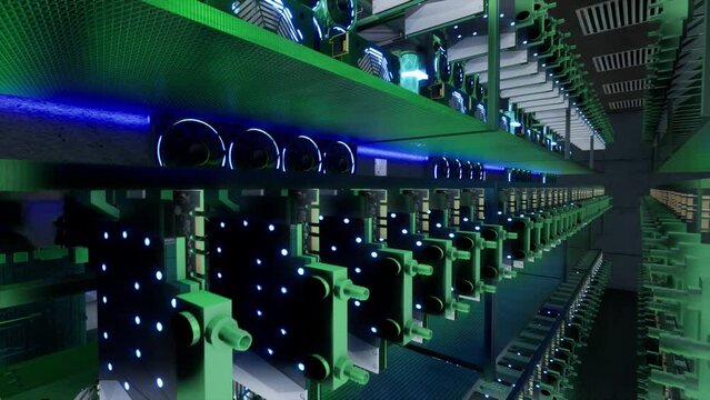 3D animation of mining equipment on stand racks mine cryptocurrency in steel container. Blockchain technology application specific integrated circuit datacenter. Server room lights.