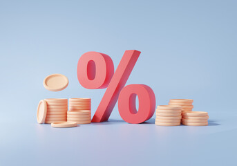 Red percentage and Stack coins, Financial graph economics analytics. growth target planning cost reduction saving investment education concept. tax, discount, 3d render illustration - obrazy, fototapety, plakaty