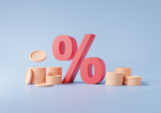 Red percentage and Stack coins, Financial graph economics analytics. growth target planning cost reduction saving investment education concept. tax, discount, 3d render illustration
