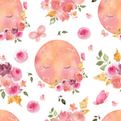 Watercolor seamless pattern with cute moon and floral arrangements, isolated on white background
