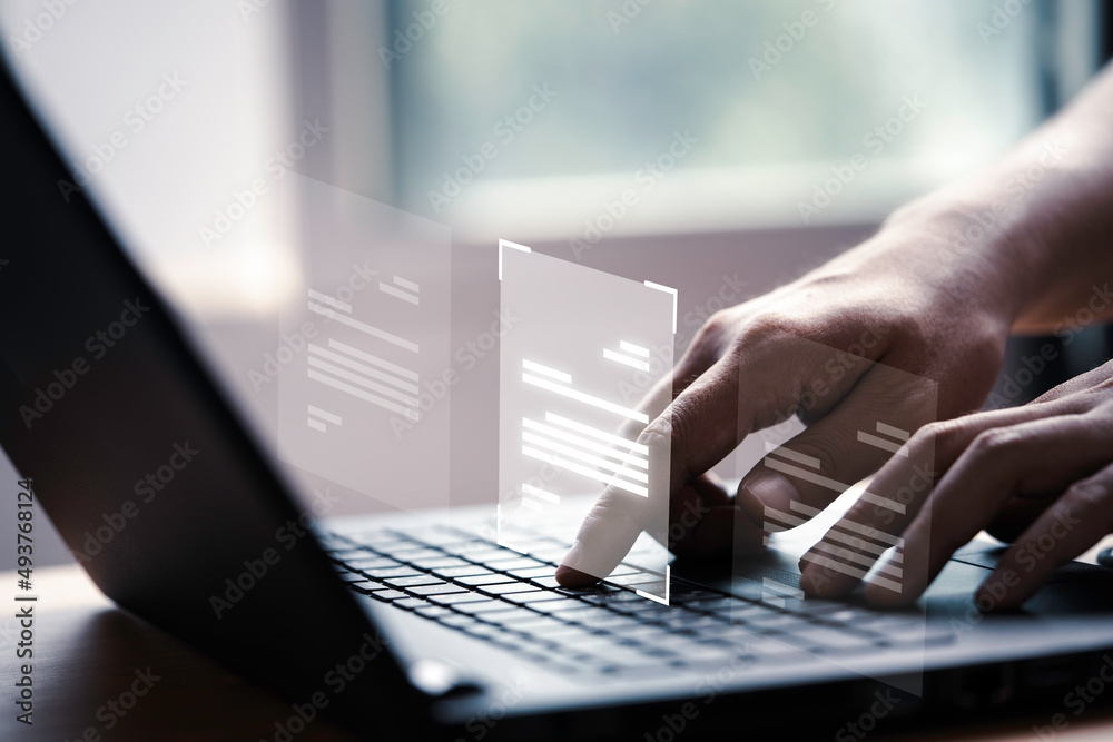 Poster Hand using laptop computer with virtual screen and document for online approve paperless quality assurance and ERP management concept.