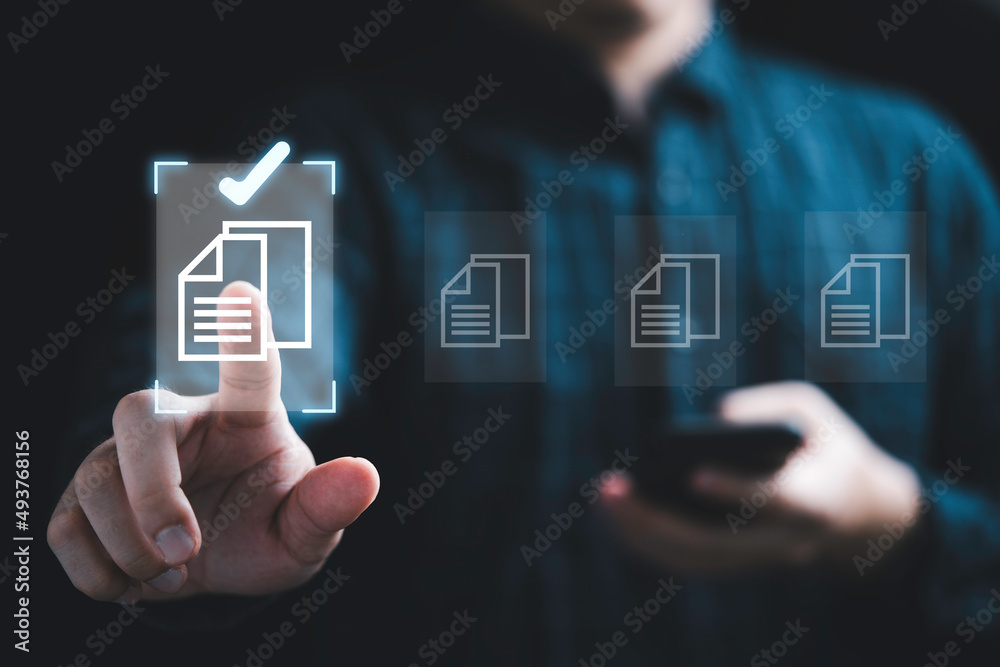 Poster businessman touching virtual monitor with document for online approve paperless quality assurance an