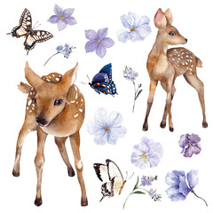 Watercolor spring illustration with cute baby deer, butterfly and spring flowers, isolated on white background.