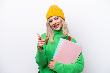 Young Russian student woman isolated on white background pointing front with happy expression