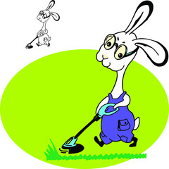 Сartoon Rabbit gardener with a trimmer mows the lawn.