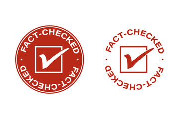 A red round label with a FACT CHECK or a stamp with a vector illustration of a tick