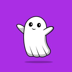 Cute Ghost Cartoon Vector Icon Illustration. Holiday Halloween Icon Concept Isolated Premium Vector. Flat Cartoon Style