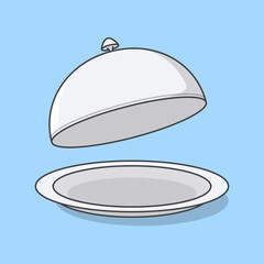 Obraz premium Trays With Cloche Cartoon Vector Illustration. Restaurant Cloche Flat Icon Outline
