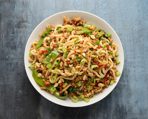 Pork, peanut udon noodles with pak choi, mangetout and red chili. Asian food