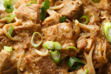 Thai style peanut pork with bean sprouts and rice. Asian food