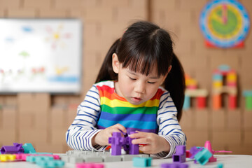 young girl playing gear toy blocks at home