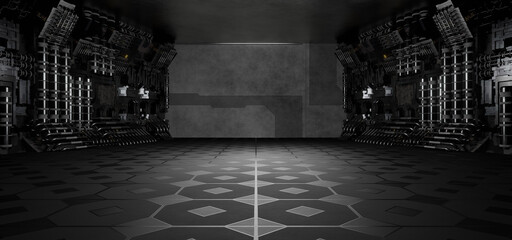 Fototapeta premium Empty Futuristic Empty Hallway Corridor Room Garage Studio Dance Glowing Awesome Light Grey Gaming Wallpaper Pedestal Concept For Web Banners Or Headers 3D Illustration