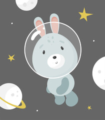 Obraz premium Cute Rabbit in the space. Cartoon style. Vector illustration. For kids stuff, card, posters, banners, children books, printing on the pack, printing on clothes, fabric, wallpaper, textile or dishes.