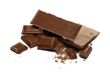 Chocolate bar pieces pile isolated on white 