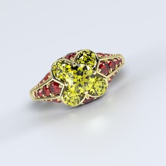 flower ring in yellow gold with yellow diamond and ruby 3d render