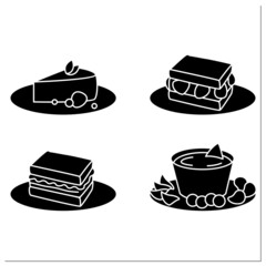 Food trends glyph icons set. Trendy dishes. Sandos with strawberries and pork, beer cheese, cheesecake. New recipes concept.Filled flat signs. Isolated silhouette vector illustrations