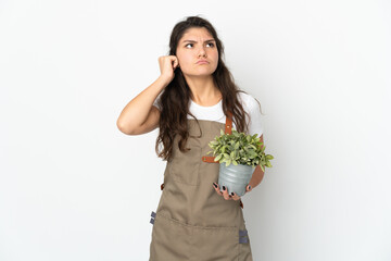 Young Russian gardener girl holding a plant isolated frustrated and covering ears