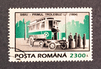Cancelled postage stamp printed by Romania, that shows 1904 Trolleybus, circa 1995.