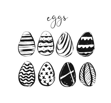 Hand drawn vector abstract sketch ink graphic scandinavian shabby Happy Easter cute simple scandinavian eggs illustrations elements design isolated on white background