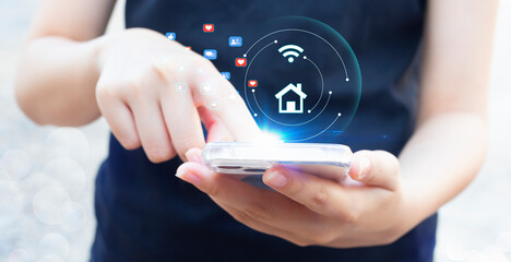 Social media and technology internet communication connection concept. Business woman’s hand is using social media via smartphone with notification icon. Technology digital media mobile phone network