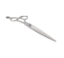 Scissors for cutting people and pets. Grooming scissors. Closed scissors on a white isolated background. Angle view.