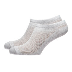 A pair of fabric socks stands on a white isolated background. Volumetric socks on a transparent mannequin.