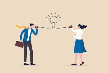 Communicate idea, advice or solution, good communication skill for business success, brainstorm or discuss in meeting concept, smart businessman talk to colleague on phone line with lightbulb symbol.