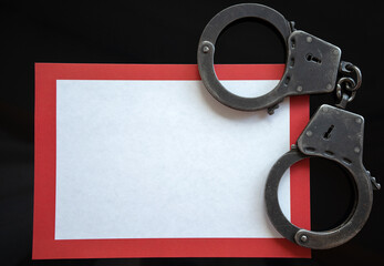 Metal handcuffs on a clean white letterhead, space for text.Background for the arrest inscription....