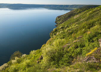Fototapeta na wymiar Amazing spring view on the Dnister River Canyon, Bakota Bay, Chernivtsi region, Ukraine.