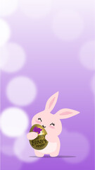 A bunny is kissing a giant Easter chocolate egg with a rabbit graphic and happy Easter on the egg, on the violet background. Vector.