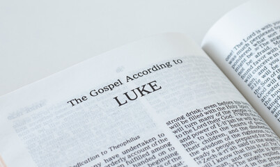 Luke Gospel from Holy Bible Book inspired by God and Jesus Christ, a closeup. New Testament...