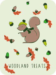 A happy squirrel among the acorns. Can be used for baby t-shirt print, fashion print design, kids wear, baby shower, celebration, greeting and invitation.