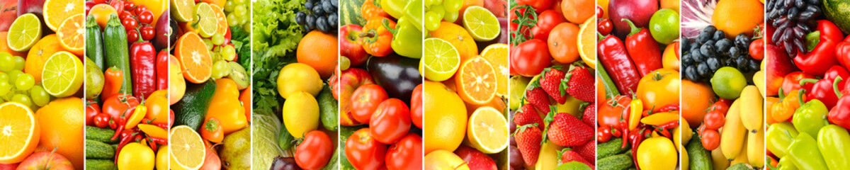 Background of fruits and vegetables separated vertical lines.