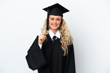 Young university graduate woman isolated on white background showing and lifting a finger in sign of the best