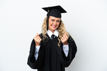 Young university graduate woman isolated on white background making money gesture