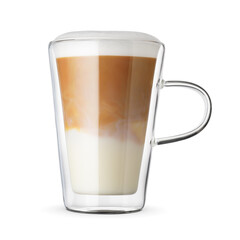 Latte coffee in a transparent glass cup isolated.