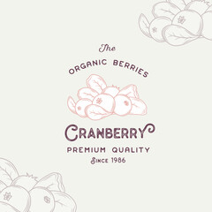 Cranberry Label. Abstract Vector Packaging Design Layout. Modern Typography Banner with Hand Drawn Berries Silhouette Logo and Background. Isolated.