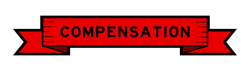 Ribbon label banner with word compensation in red color on white background