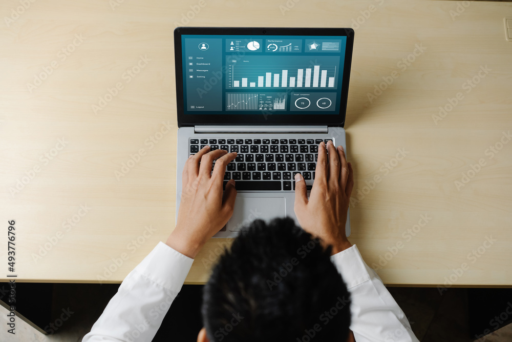 Poster business data dashboard analysis by ingenious computer software . investment application display bus