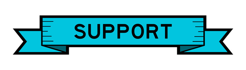 Ribbon label banner with word support in blue color on white background