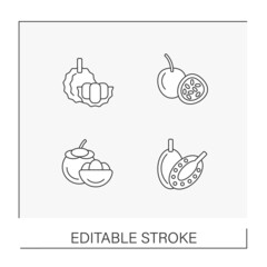 Fruits line icons set. Different types of tropical fruits. Balanced nutrition. Diet concepts. Isolated vector illustrations. Editable stroke