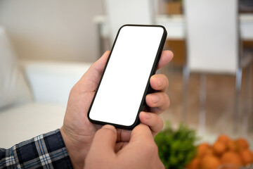 male hands hold phone with isolated screen background of room