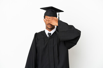 African American university graduate man over isolated white background covering eyes by hands. Do not want to see something