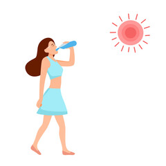 Woman suffering from heat and sweaty dehydration from strong sunlight. She drinking water for refreshing in flat design. Hot climate in summer.