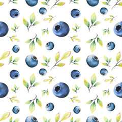 Watercolor seamless pattern. Design on a white background with blueberry leaves. Berry seamless design.