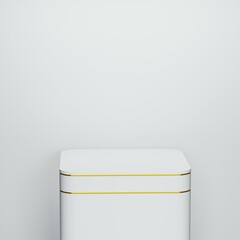 Empty white cube podium with gold line on white  background. Abstract minimal studio 3d geometric shape object. Mock up space for display of product design. 3d rendering