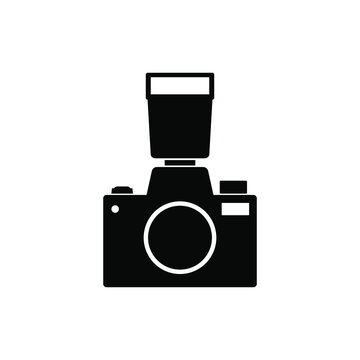Camera with external flash icon flat design vector black color isolated.