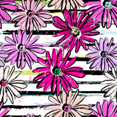 Materiał do szycia floral seamless pattern background, with flowers, stripes, paint strokes and splashes