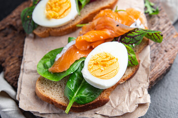smorrebrod salmon sandwich egg green leaves salad mix, bread toast seafood open sandwich fresh meal food snack on the table copy space food background 